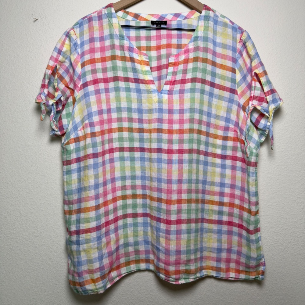 Talbots Women 100% Linen Top XL Multi-Color Gingham Picnic Whimsy Resort